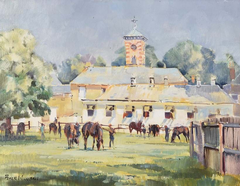 Inline Image - Lot 232: Peter Williams (American 1934-2018), 'Highfield Stables at Bedford House Stables, Newmarket', Oil on canvas | Est. £200-300 (+fees)