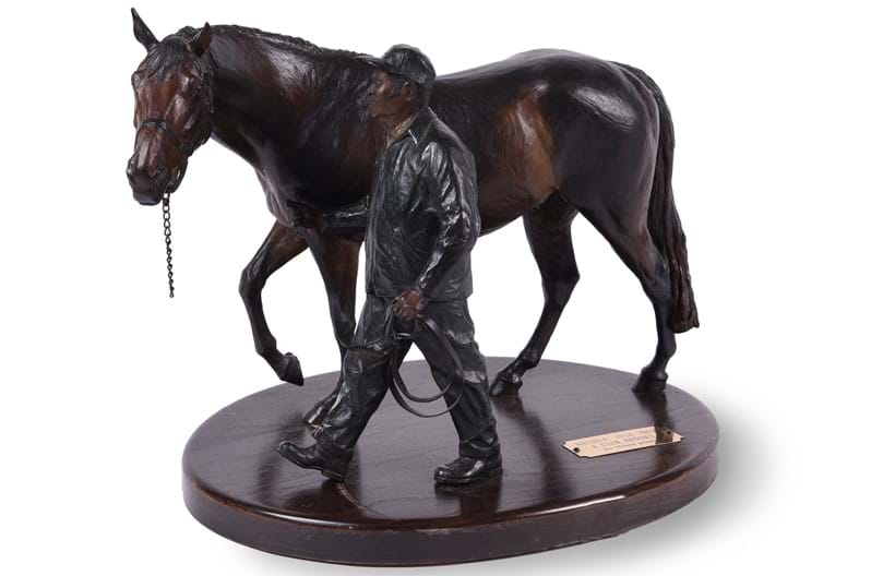 Inline Image - Lot 235: λ Liza Todd-Tivey (b. 1957), 'Nashua and Clem', a colour patinated bronze group of a racehorse and groom | Est. £600-900 (+fees)