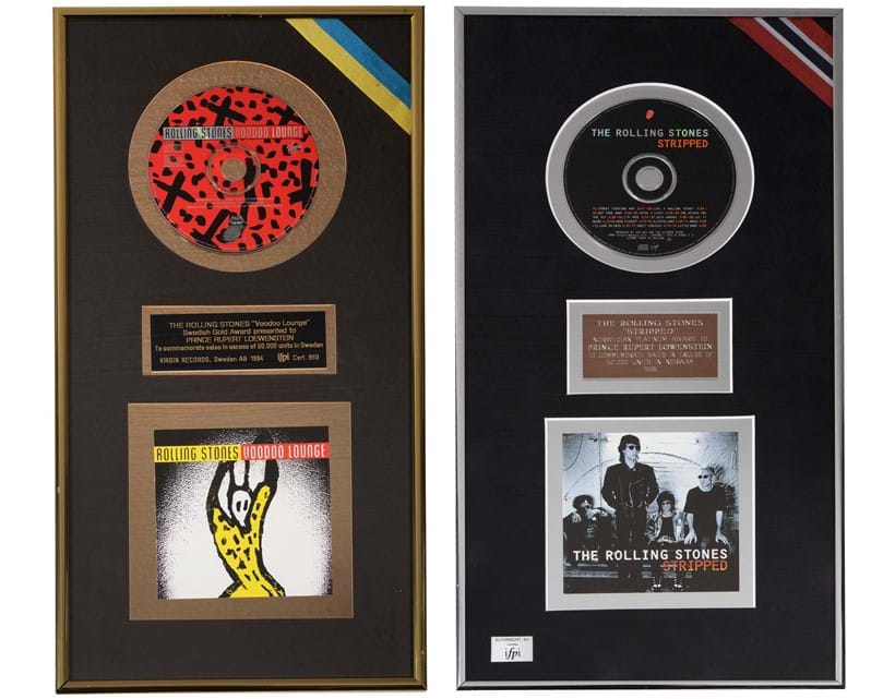 Inline Image - Lot 485: A Rolling Stones Norwegian Platinum sales award for the album 'Stripped' 1996; and a Rolling Stones Swedish Gold award for the album 'Voodoo Lounge' 1994 | Est. £300-400 (+fees)