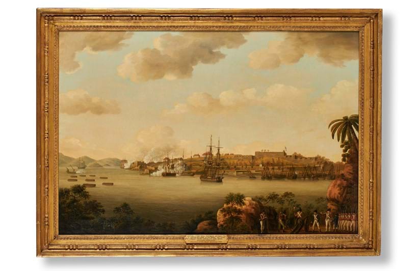 Inline Image - Lot 299: William Anderson (Scottish 1757-1837), 'The capture of Fort Royal, Martinique, 22nd March 1794 by Captain Faulknor of the Zebra and other forces under Admiral Sir John Jervis', oil on canvas | Est. £30,000-50,000 (+fees)