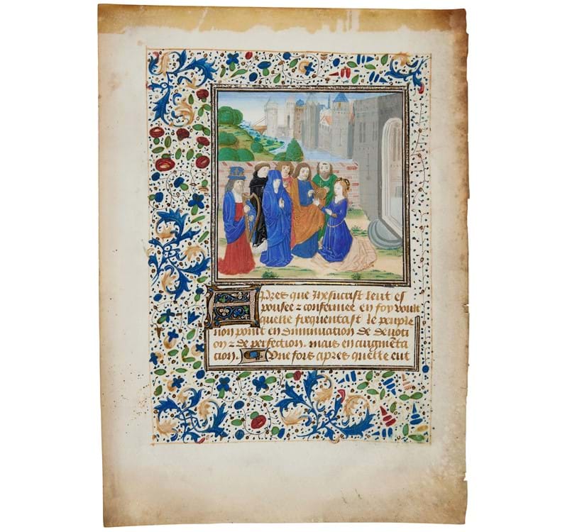 Inline Image - Lot 90: St. Catherine of Siena, as Christ and a host of saints appears to her, and offers her a bejewelled wedding ring, miniature on a leaf from a copy of the French translation of the Legenda Maior of Raymond of Capua, this leaf from a illuminated manuscript on parchment made for the grand Burgundian patron, Louis de Gruuthuse [French Flanders (doubtless Bruges), c. 1475] | Est. £20,000-30,000 (+fees)