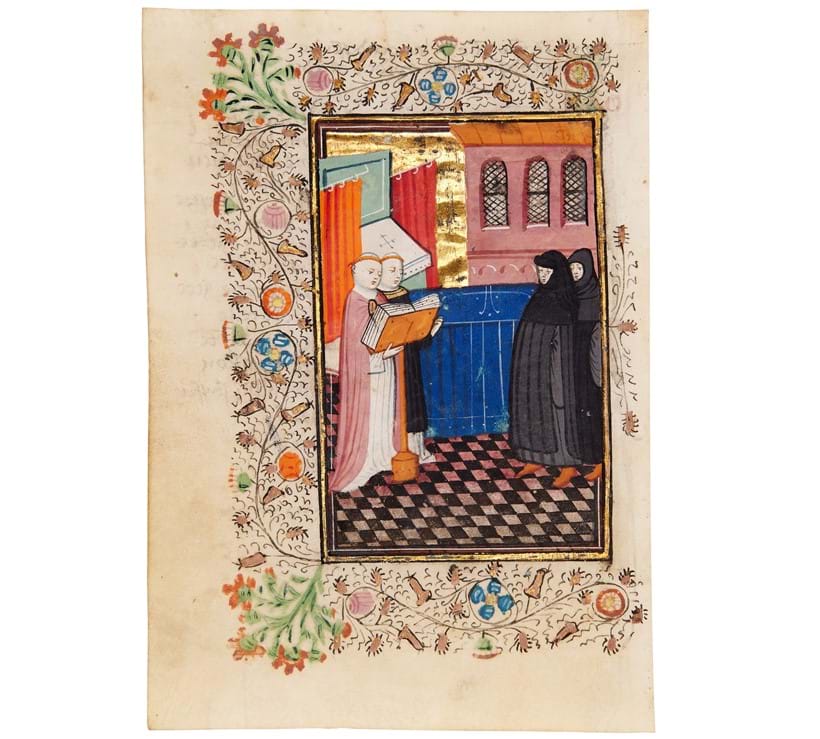 Inline Image - Lot 92: Leaf with a miniature from a Book of Hours, with stamp-signature of the Masters of Otto van Moerdrecht, from an illuminated manuscript on parchment [southern Netherlands (Bruges), soon after 1427] | Est. £3,000-5,000 (+fees)