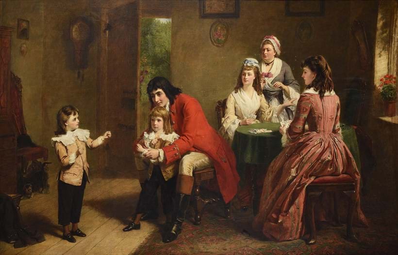 Inline Image - Lot 38: William Powell Frith (British 1819-1909), 'The Vicar of Wakefield: "The intervals between conversations were employed in teaching my daughters piquet; or sometimes in setting my two little ones to box, to make them sharp, as he (the squire) called it"', oil on canvas | Est. £8,000-12,000 (+fees)