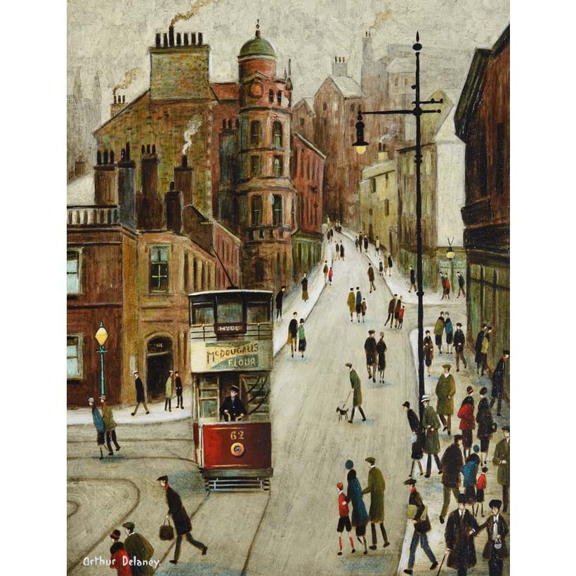 Inline Image - Arthur Delaney (British 1927-1987), ‘Bridge Street, Stockport’, Oil on board | Est. £4,000-6,000 (+fees)