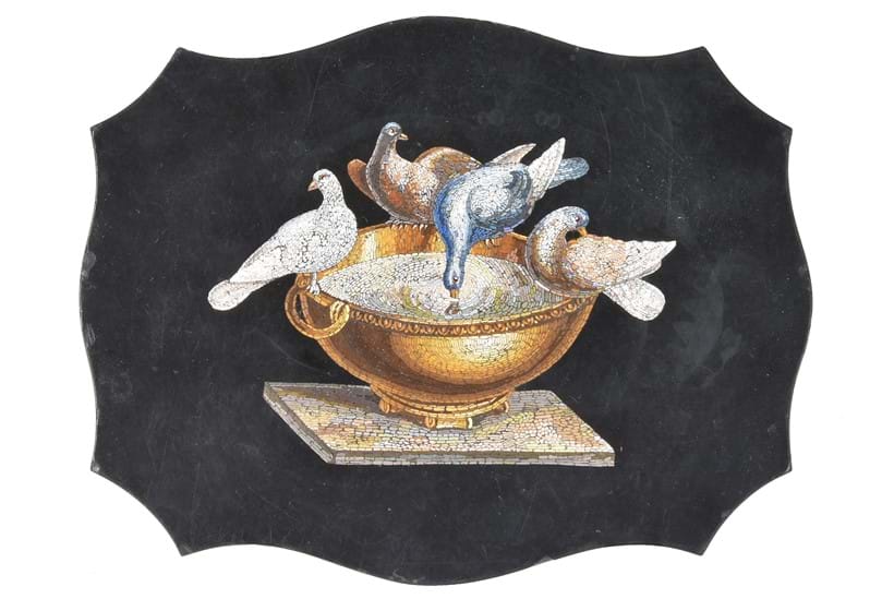 Inline Image - Lot 65: A black slate and micro mosaic inlaid plaque, possibly a teapot stand, 19th century | Est. £400-600 (+fees)