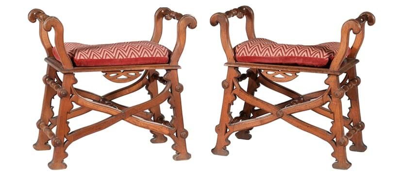 Inline Image - Lot 177: A pair of Reformed Gothic walnut X-framed stools or window seats, circa 1870 | Est. £600-800 (+fees)