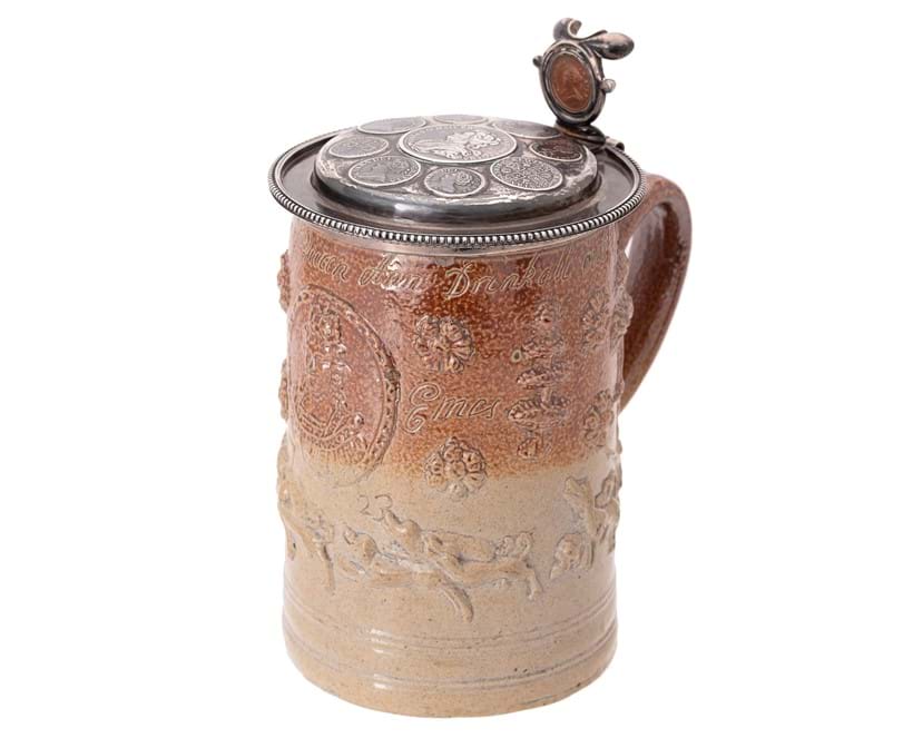 Inline Image - Lot 430: A London stoneware inscribed and dated Royal tankard, 1723, probably Vauxhall | Est. £800-1,200 (+ fees)