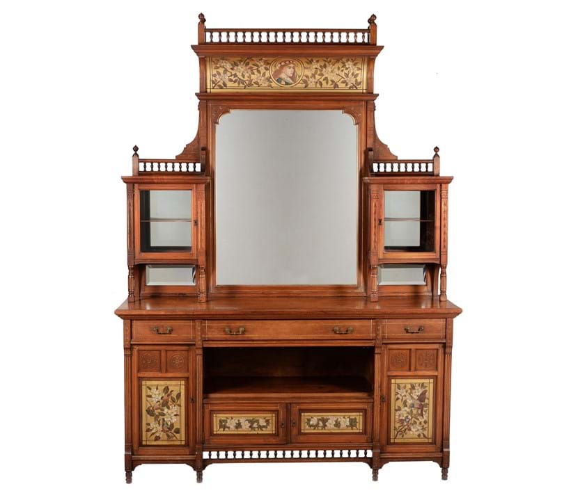 Inline Image - Lot 407: An Aesthetic Movement walnut, parcel gilt and polychrome painted side cabinet, last quarter 19th century | Est. £1,000-1,500 (+fees)