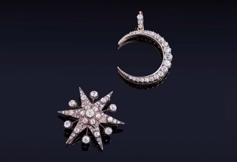 Inline Image - Lot 342: A late Victorian diamond star brooch/pendant, Est. £700-1,000 (+ fees) | Lot 125: A Victorian diamond crescent pendant, Est. £500-700 (+ fees)