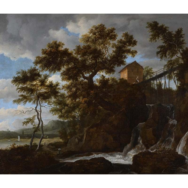 Jacob Van Ruisdael (Dutch 1628- 1682), ‘Landscape with a Waterfall, Cottage, and Bridge’, Oil on canvas
