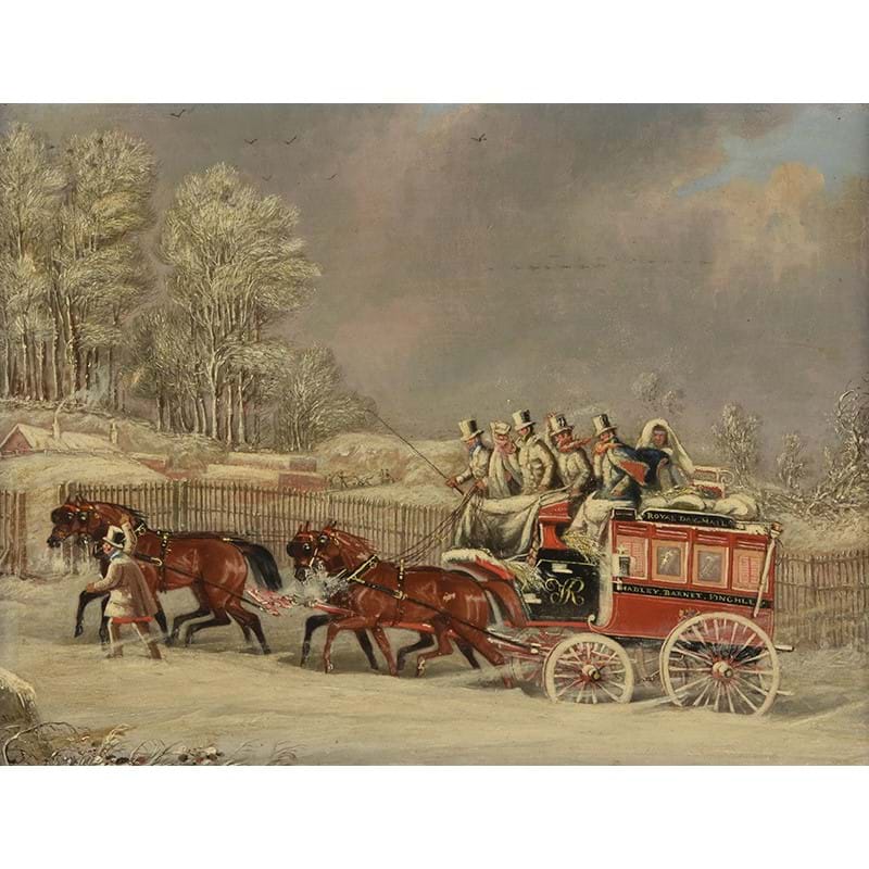 James Pollard (British 1755-1838), ‘Royal Day Mail in a snowy landscape; and The Woodford Coach at the Eagle, Snaresbrook’, Oil on canvas