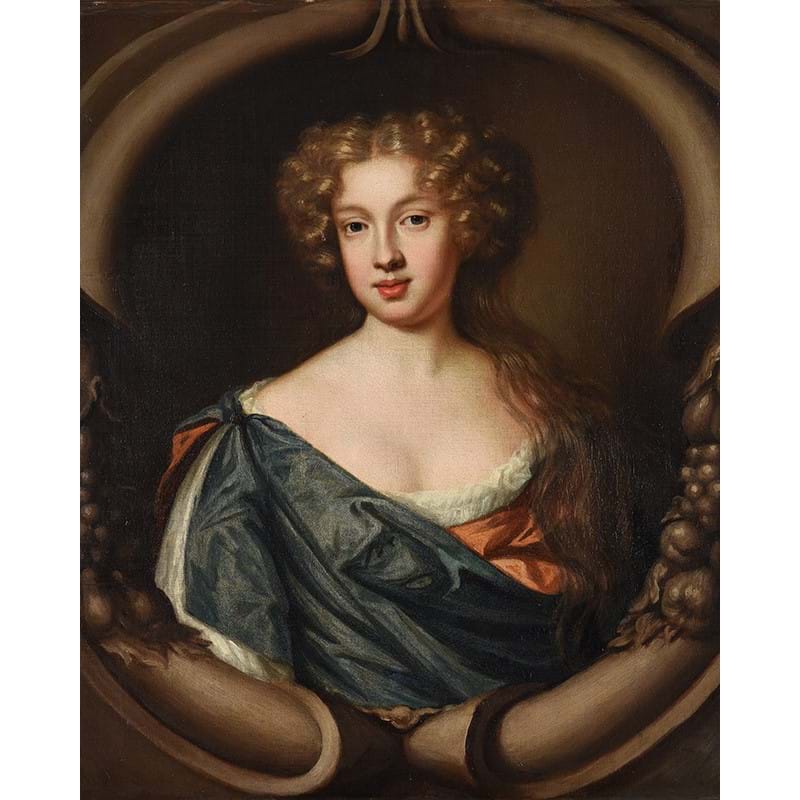 Mary Beale (British 1632-1697), ‘Portrait of a lady in a blue cloak and orange dress’, Oil on canvas, in a feigned cartouche