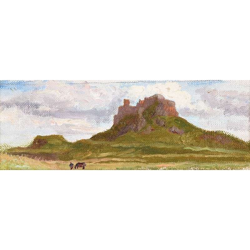 Frederic, Lord Leighton, P.R.A. (British 1830-1896), ‘Lindisfarne Castle with Horse and Rider in the foreground’, Oil on canvas laid down on artist's board