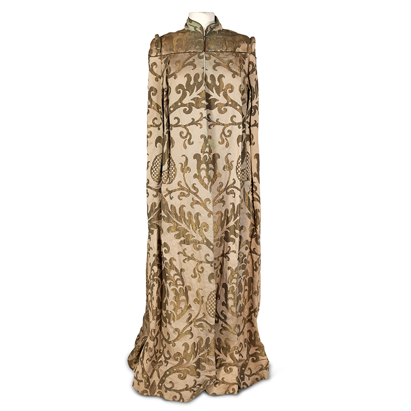A celadon green silk and gilt metal brocade full length evening cape, first half 20th century