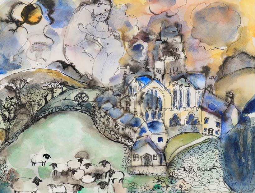 Inline Image - Lot 211: λ Lydia Corbett (French b.1934), 'Lovers in the sky, over the church and sheep', Pen, ink and watercolour | Est. £80-120 (+ fees)
