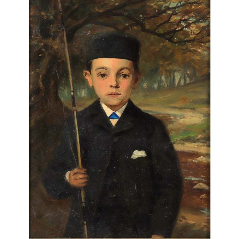 Inline Image - Lot 143: Scottish School, circa 1887, 'The Young Angler', Oil on board | Est. £150-200 (+ fees)
