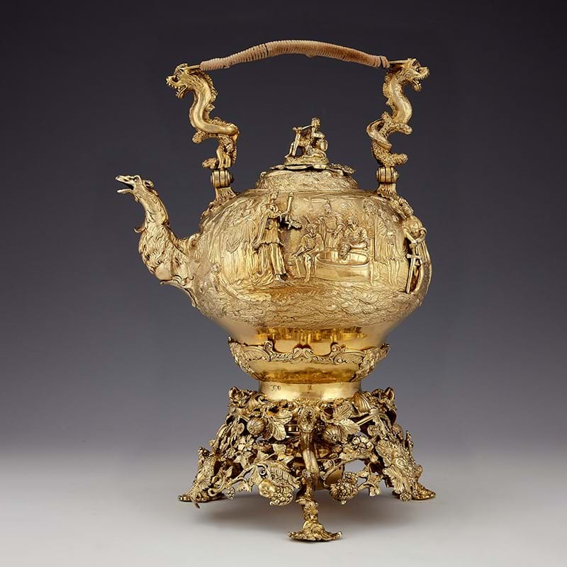 A heavy gauge late George III silver gilt ogee kettle on stand by Edward Farrell, London 1818