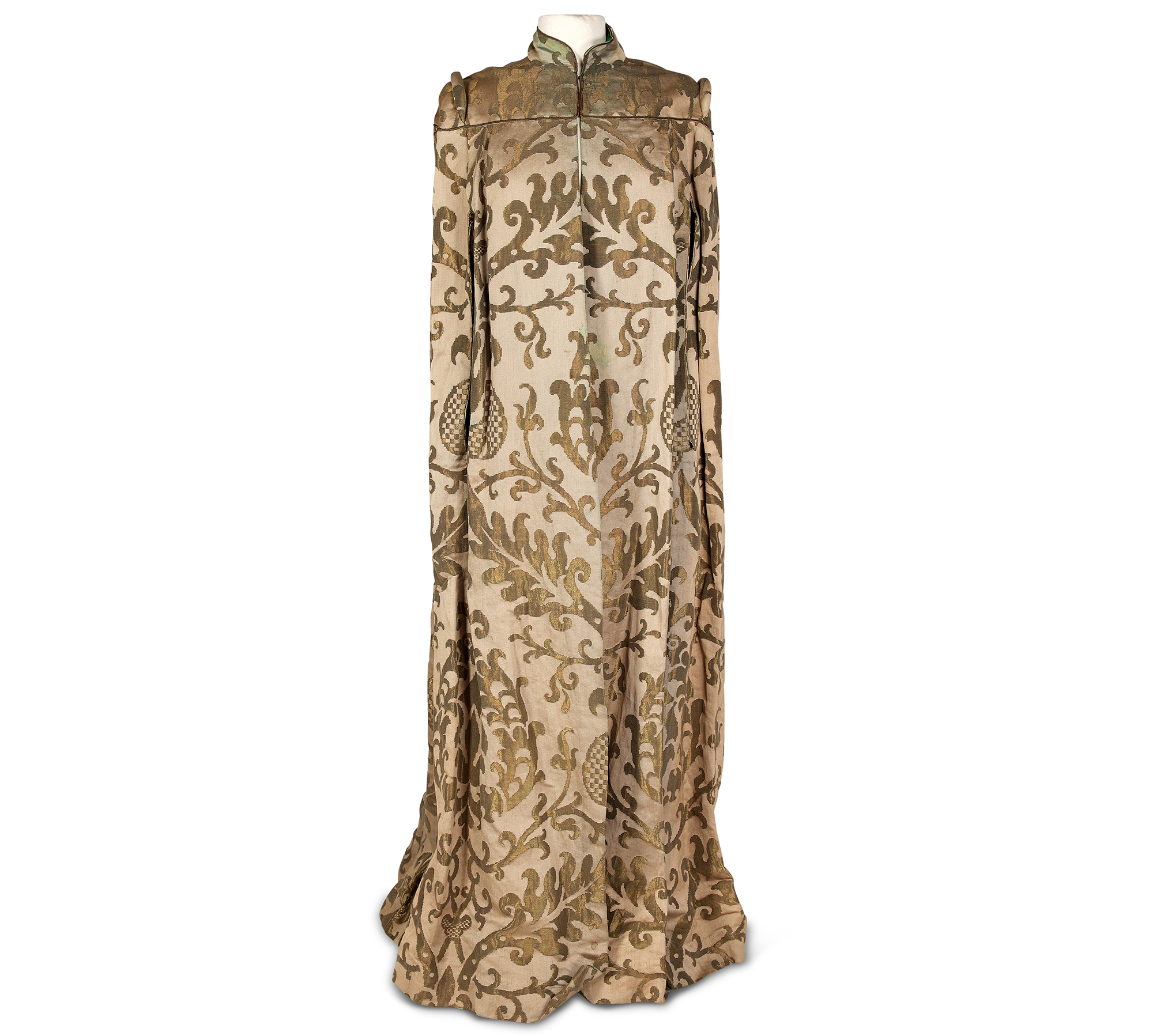 Inline Image - A celadon green silk and gilt metal brocade full length evening cape, possibly by Madame Astier | Est. £80-120 (+ fees)