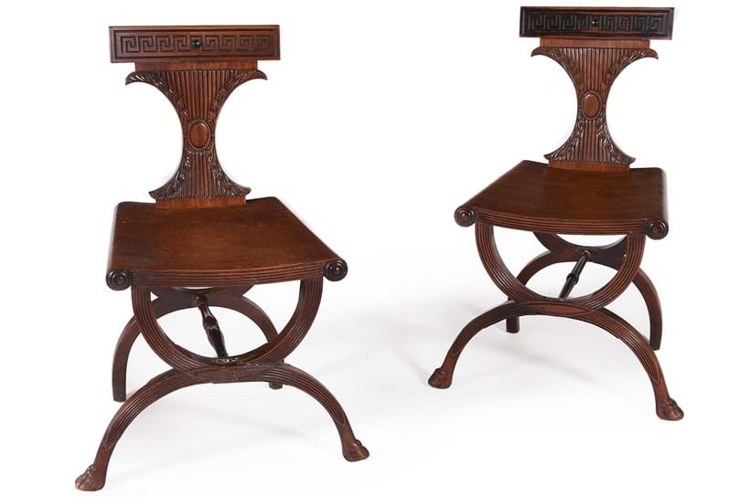 Inline Image - Lot 294: A pair of George III mahogany hall chairs, in the manner of Thomas Hope, circa 1810 | Est. £6,000-8,000 (+ fees)
