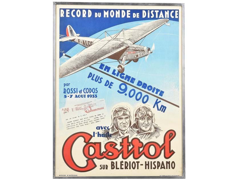 Inline Image - Lot 141: 'Record du Monde de Distance par Rossi et Codos 1933. Castrol', Printed by P. Fournier, Paris, 1933 | Est. £300-500 (+ fees)