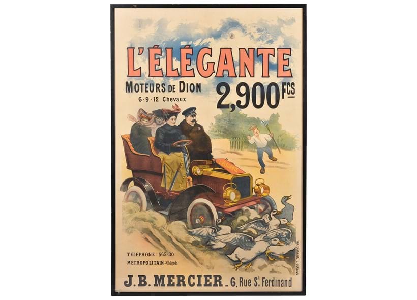 Inline Image - Lot 158: 'L'Elegante Moteurs de Dion 6.9.12 Chevaux', Printed by Charraire a Sceaux, Paris, ca. 1900 | Est. £800-1,200 (+ fees)