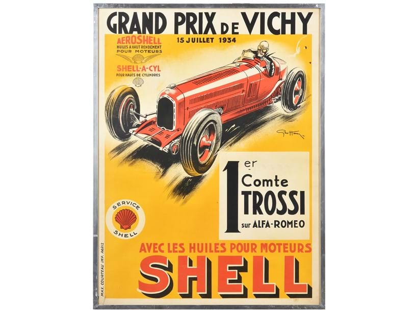 Inline Image - Lot 144: Georges Hamel (GEO HAM, French, 1810-1972), 'Grand Prix de Vichy 1934 1er Comte Trossi sur Alfa-Romeo', Printed by Max Corteau, Paris, 1934 | Est. £600-800 (+ fees)