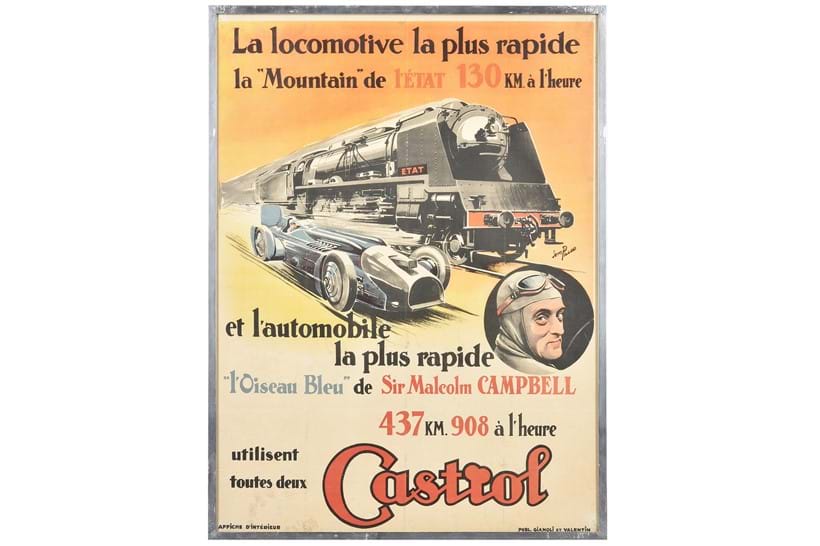Inline Image - Lot 142: Jean Pillod (French, dates unknown), 'Castrol - Speed on Land Achievements', Printed by Gianoli et Valentin, ca. 1935 | Est. £600-800 (+ fees)