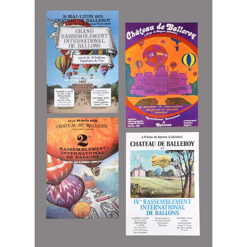 Inline Image - Lot 170: Posters: Forbes Chateau de Balleroy Balloon Meets, 1975 - 1978. a group of four French posters. comprises: Grand Rassemblement International de Ballons. L'inauguration du 1 er Musee Mondial des Ballons, 31 Mai - 1 Juin, 1975; 2ème Rassemblement International de Ballons, 12 -13 Juin, 1976; Rassemblement International de Ballons, 11 -12 Juin, 1977; IVeme Rassemblement International de Ballons, 10 - 11 Juin, 1978 | Est. £200-250 (+ fees)