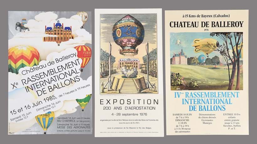 Inline Image - Lot 171: Ballooning Posters: a group of three French posters. 1976-1985. Comprises: Exposition 200 ans d'aerostation 4-28 Septembre 1976, Sint-Niklaas; Chateau de Balleroy 1978 IVeme Rassemblement International de Ballons, 10 - 11 Juin, 1978; Chateau de Balleroy Xe Rassemblement International de Ballons 15 - 16 Juin, 1985 | Est. £180-200 (+ fees)