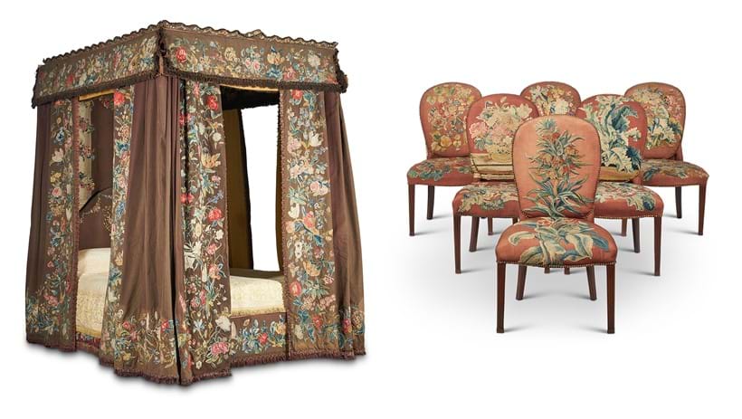 Inline Image - Lot 235: An ebonised oak four-poster bed,  18th century and later, Est. £8,000-12,000 (+ fees) | Lot 238: A set of six George III mahogany and upholstered side chairs , circa 1780, Est. £5,000-8,000 (+ fees)