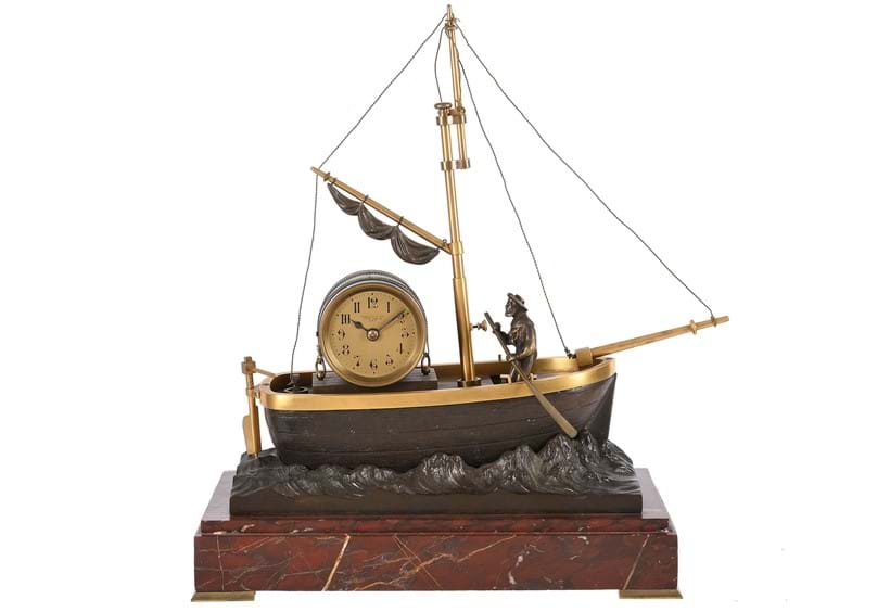 Inline Image - Lot 161: A rare French gilt brass, bronze and Rosso Francia marble novelty automaton timepiece 'The Oarsman', Andre Romain Guilmet, Paris, retailed by Dibdin and Company Limited, London, late 19th century | Est. £2,000-3,000 (+ fees)