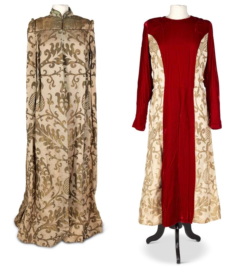 Inline Image - A celadon green silk and gilt metal brocade full length evening cape, possibly by Madame Astier, Est. £80-120 (+ fees) | A silk velvet and gold metal brocade gown, Est. £100-150 (+ fees)