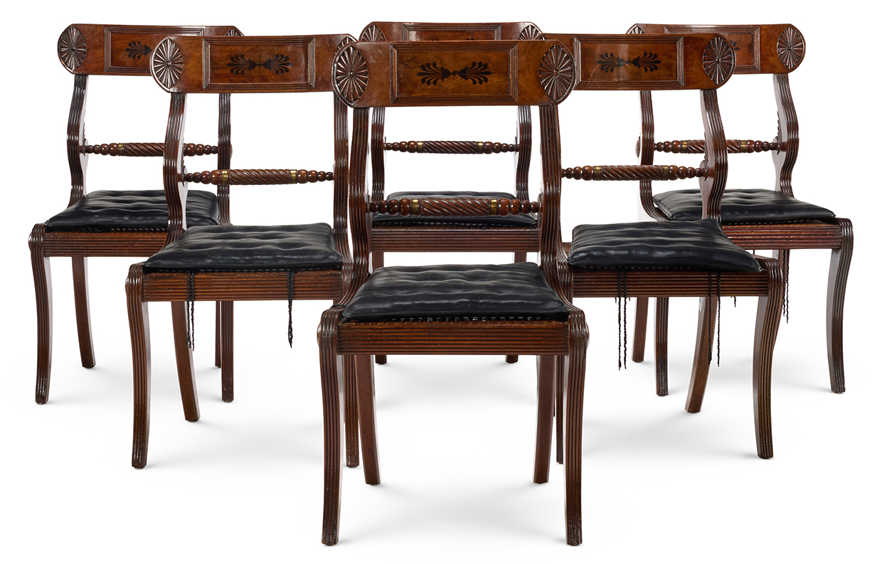Lot 94 A SET OF SIX SCOTTISH REGENCY EBONY INLAID MAHOGANY CHAIRS, CIRCA 1820