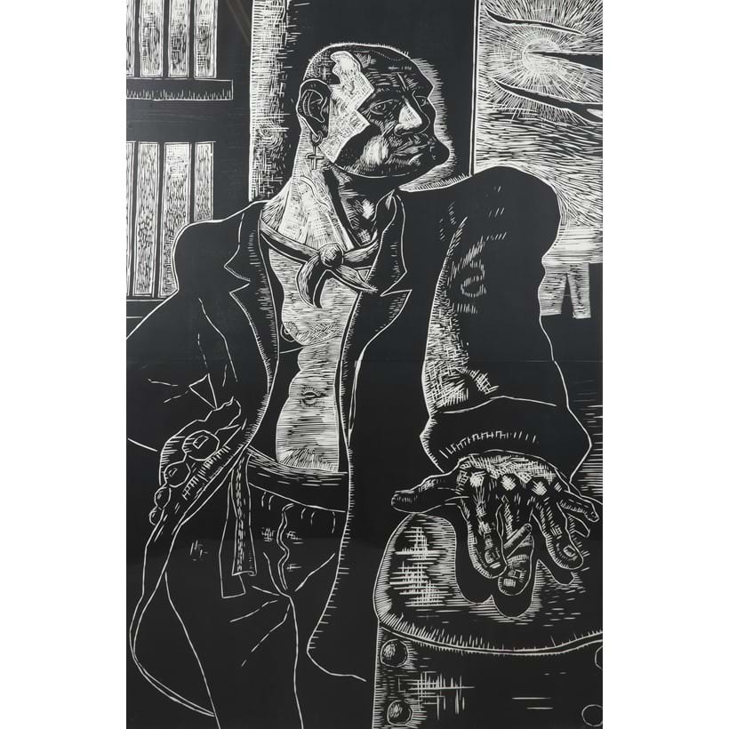 Inline Image - Lot 281: λ Peter Howson (Scottish b.1958), 'The Noble Dosser', Woodcut, 1987 | Est. £500-700 (+ fees)