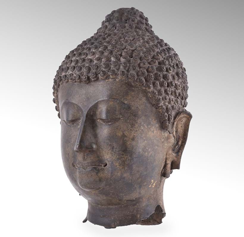 Inline Image - Lot 468: A fine Sukhothai bronze head of Buddha, Thailand, c.14th century | Est. £7,000-10,000 (+ fees)