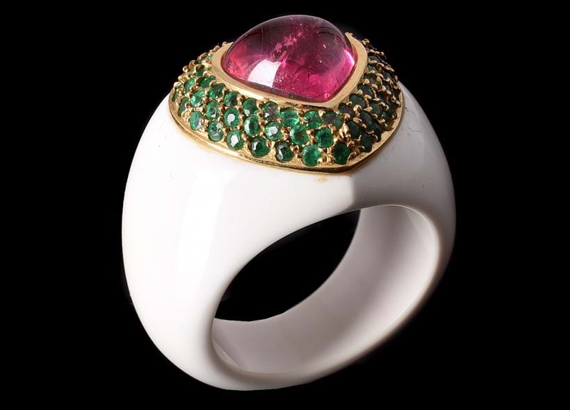 Inline Image - Lot 639: Gratia Scott-Oldfield, a pink tourmaline, emerald and cacholong opal dress ring | Est. £500-700 (+ fees)