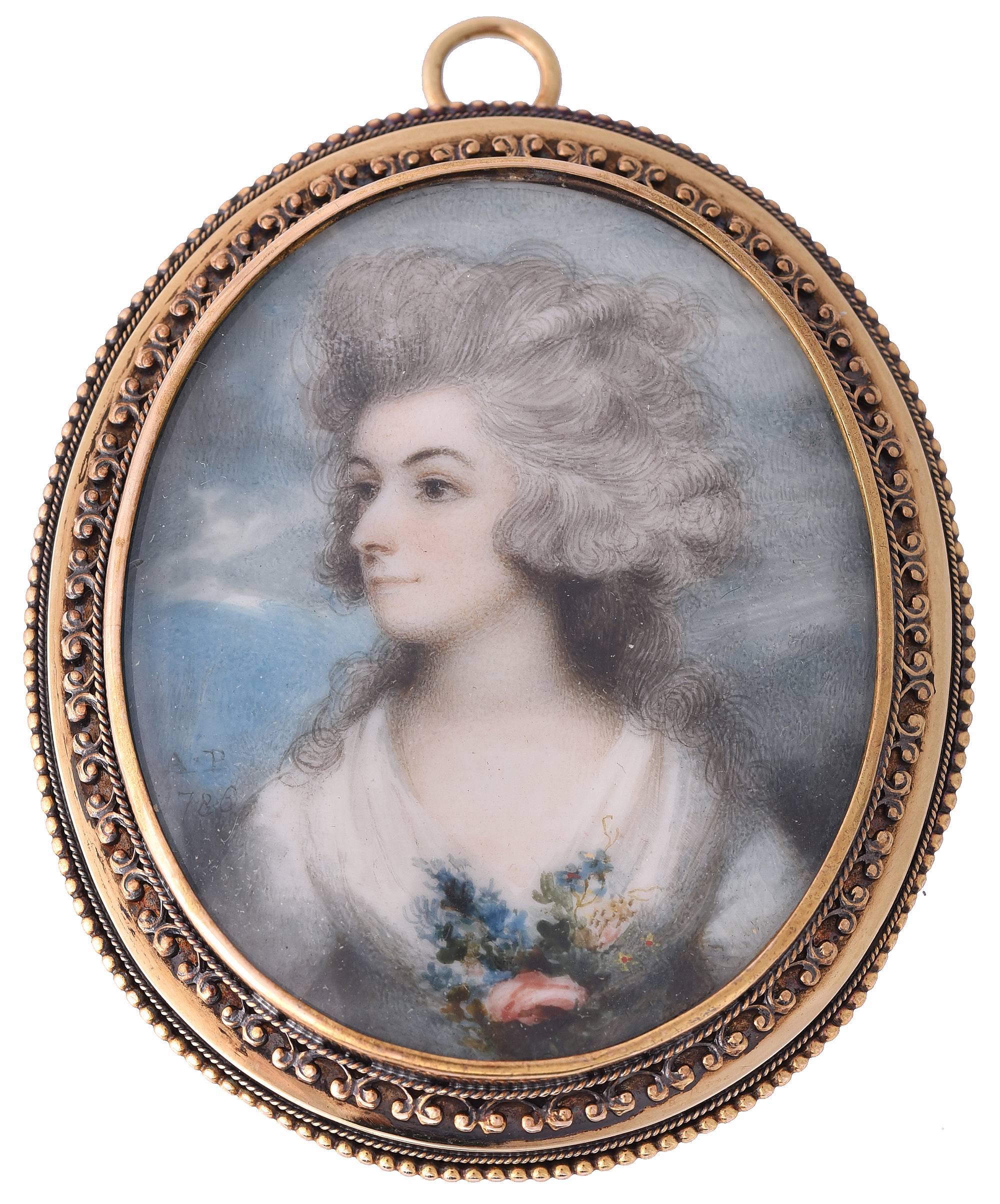 Inline Image - Lot 156: Y Andrew Plimer (British 1763-1837), 'A lady, wearing white dress and fichu, a spray of flowers attached at her décolletage', Watercolour on ivory, oval | Est. £1,000-1,500 (+ fees)