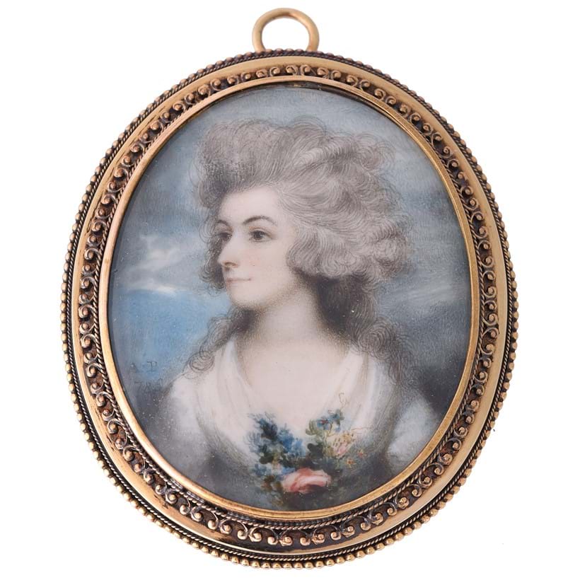 Inline Image - Lot 156: Y Andrew Plimer (British 1763-1837), 'A lady, wearing white dress and fichu, a spray of flowers attached at her décolletage', Watercolour on ivory, oval | Est. £1,000-1,500 (+ fees)