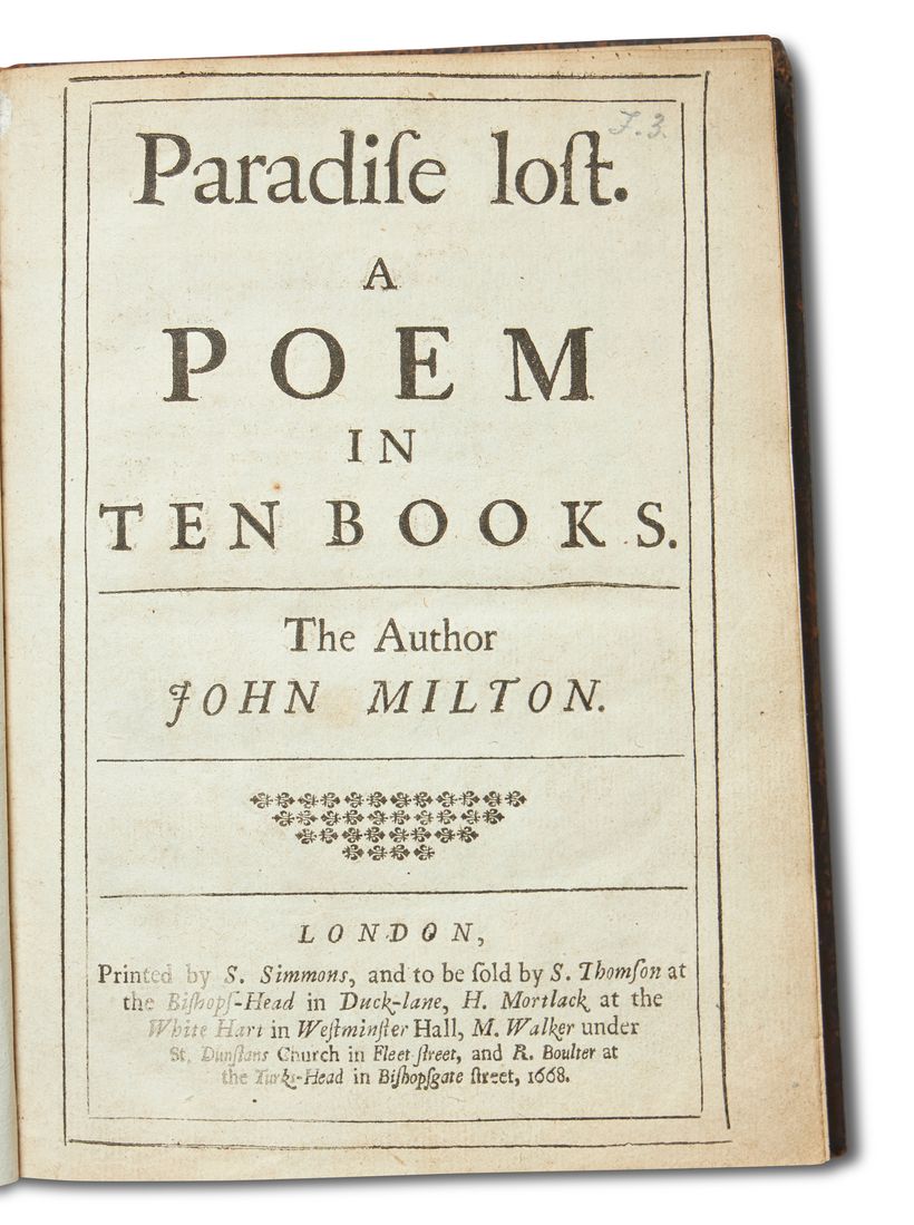 Inline Image - Lot 102: Milton, John. Paradise Lost. Single volume, first edition  | Sold for £21,250