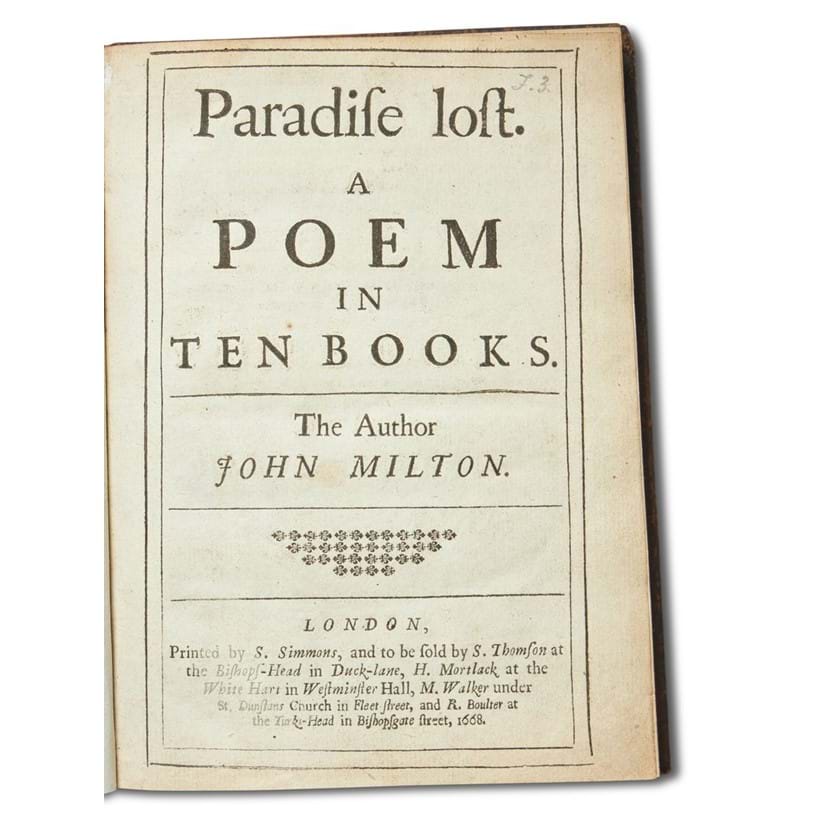 Inline Image - Lot 102: Milton, John. Paradise Lost. Single volume, first edition  | Sold for £21,250