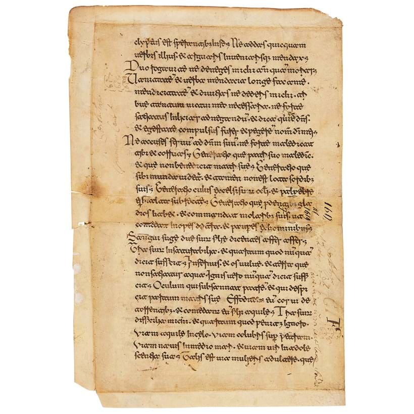 Inline Image - Lot 9: Ɵ Leaf from a Bible, with Proverbs 29:15-30:20, manuscript in fine Montecassino Beneventan minuscule, in Latin, on parchment [central Italy, c. 1200] | Est. £4,000-6,000 (+ fees)