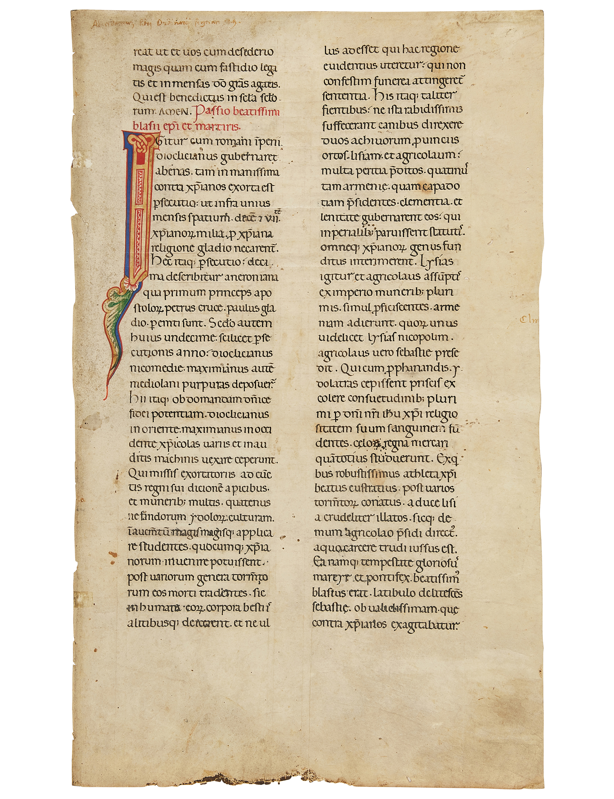 Inline Image - Lot 26: Ɵ Leaf from a monumental Martyrology, with parts of the Passion of St. Blasius, with a large finely decorated initial, in Latin, manuscript on parchment [northern Italy (probably Milan), second half of the twelfth century] | Est. £3,000-5,000 (+ fees)