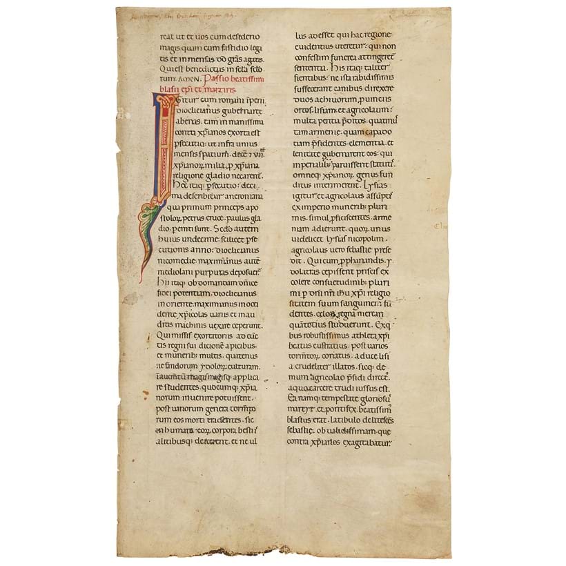 Inline Image - Lot 26: Ɵ Leaf from a monumental Martyrology, with parts of the Passion of St. Blasius, with a large finely decorated initial, in Latin, manuscript on parchment [northern Italy (probably Milan), second half of the twelfth century] | Est. £3,000-5,000 (+ fees)