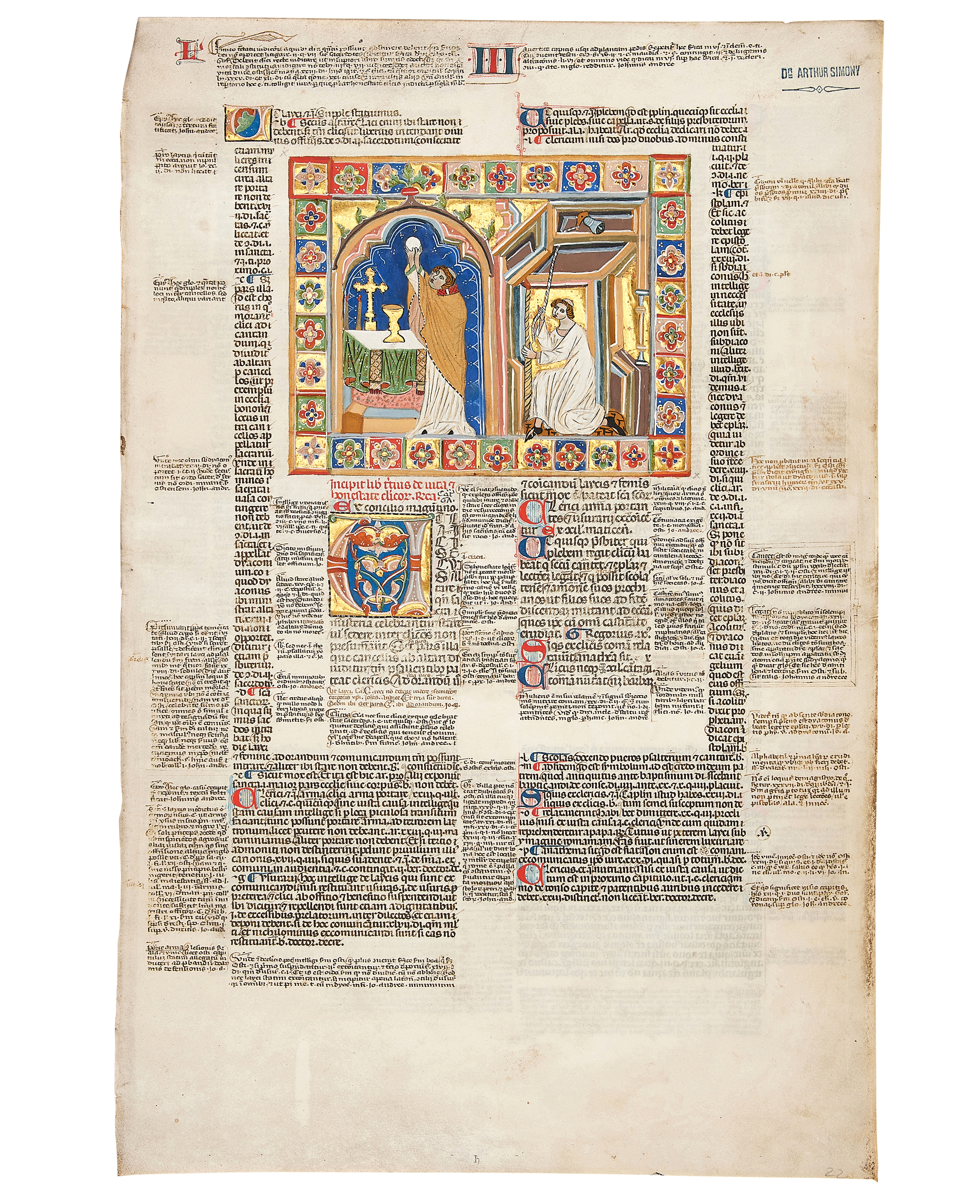 Inline Image - Lot 34: Ɵ A priest during Mass and a bell-ringer, large miniature on a leaf from a manuscript of Gregory IX, Decretals, opening of Book III, De Vita et Honestate Clericorum, in Latin, illuminated manuscript on parchment [most probably Italy (probably Ligurian coast or vicinity), early fourteenth century] | Est. £5,000-7,000 (+ fees)