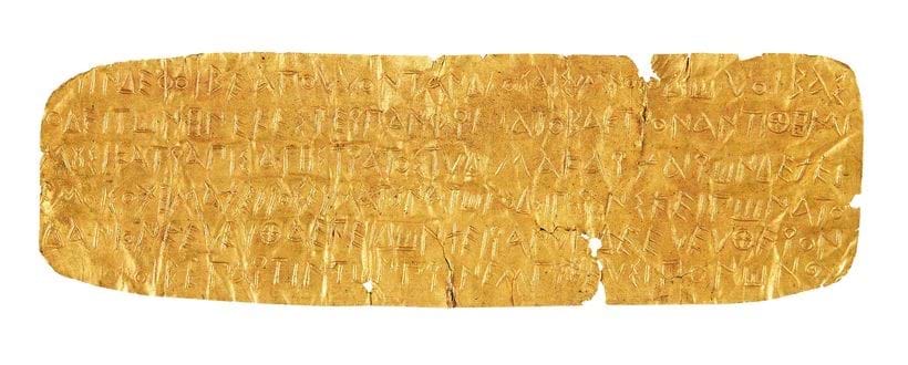 Inline Image - Lot 2: ‡ An Orphic poem, inscription in iambic trimeters by one Agestratos, dedicating his traveller's staff to Apollo, most probably in Doric Greek, reverse-impressed into gold foil [probably southern Greece, or just perhaps adjacent Crete, Rhodes or a few cities on the coast of Asia Minor, c. fourth century AD.] | Est. £20,000-30,000 (+ fees)
