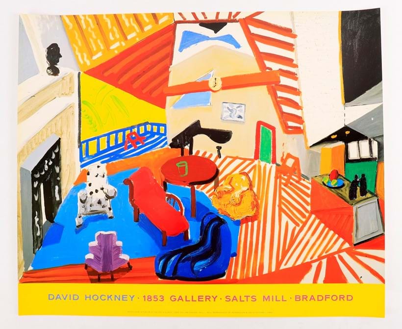 Inline Image - Lot 246: After David Hockney, Montcalm Interior at Seven O'Clock, 1853 Gallery, Exhibition Poster, David Hockney exhibition at 1853 Gallery, Salt Mill, Bradford, 1988 | Est. £300-500 (+ fees)