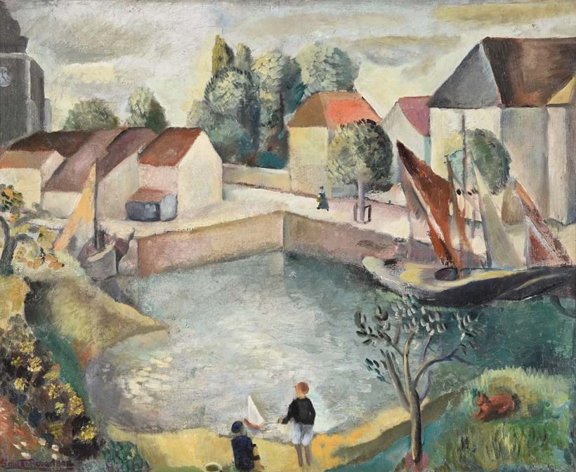 Inline Image - Lot 139: λ Joan Souter-Robertson (British 1903-1994), 'Two children playing with a sailing boat at the waters edge with continental townscape beyond', Oil on canvas | Est. £400-600 (+ fees)