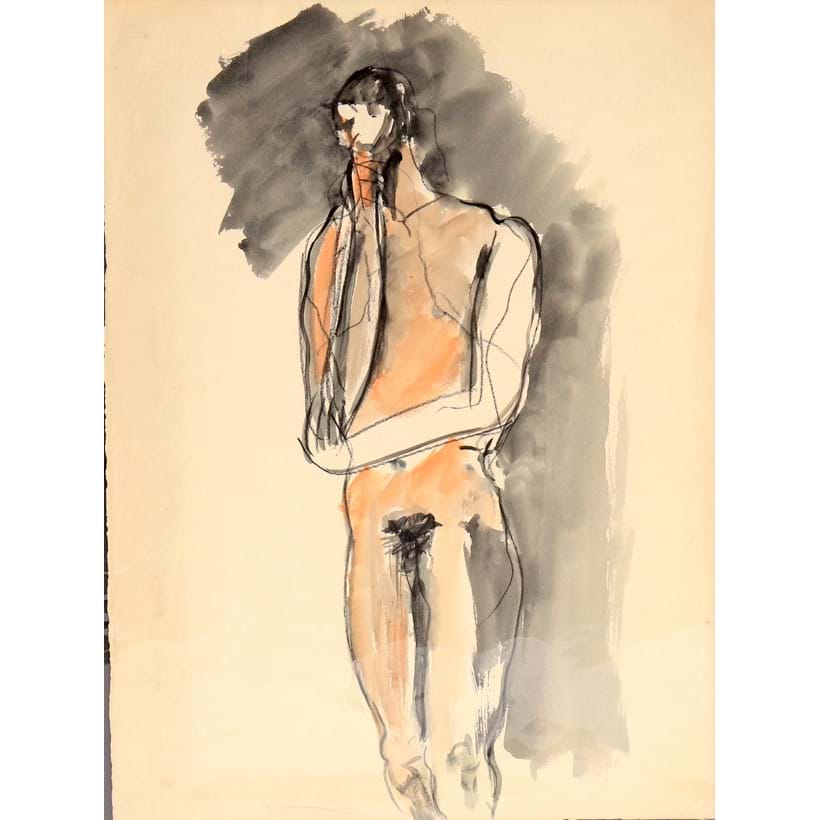 Inline Image - Lot 135: Follower of Keith Vaughan, 'Standing male nude', Charcoal, watercolour and wash | Est. £80-120 (+ fees)