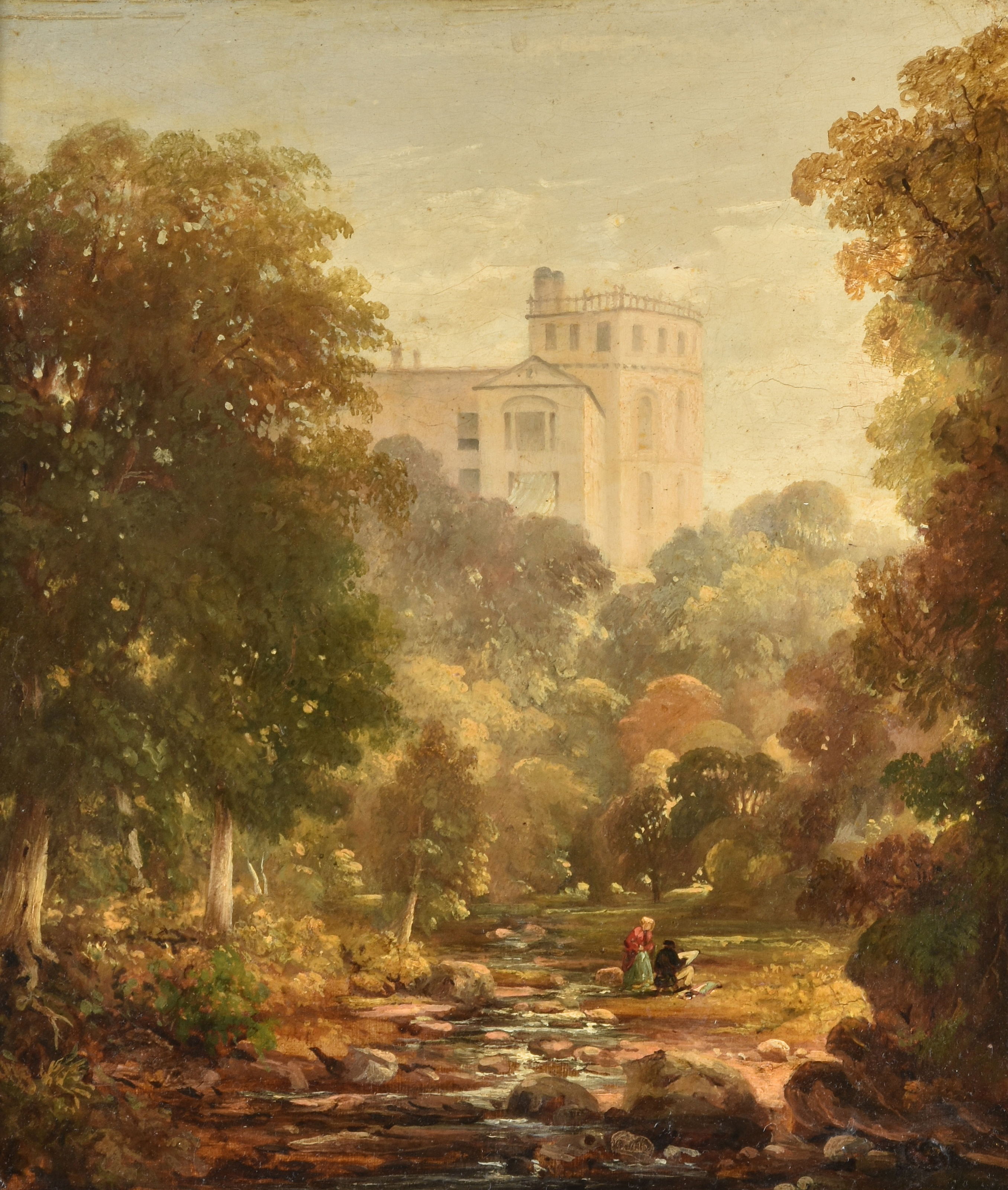 Inline Image - Lot 199 | Scottish School (19th century), Figures by a stream, Dunglass House, East Lothian, Oil on panel | Est. £300-500 + fees