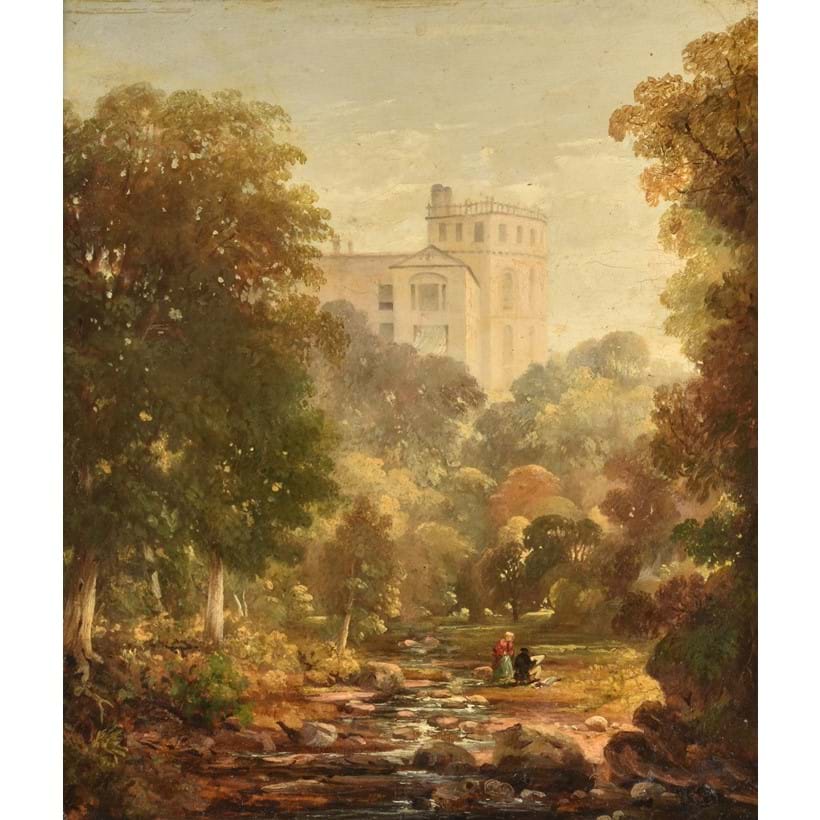 Inline Image - Lot 199 | Scottish School (19th century), Figures by a stream, Dunglass House, East Lothian, Oil on panel | Est. £300-500 + fees